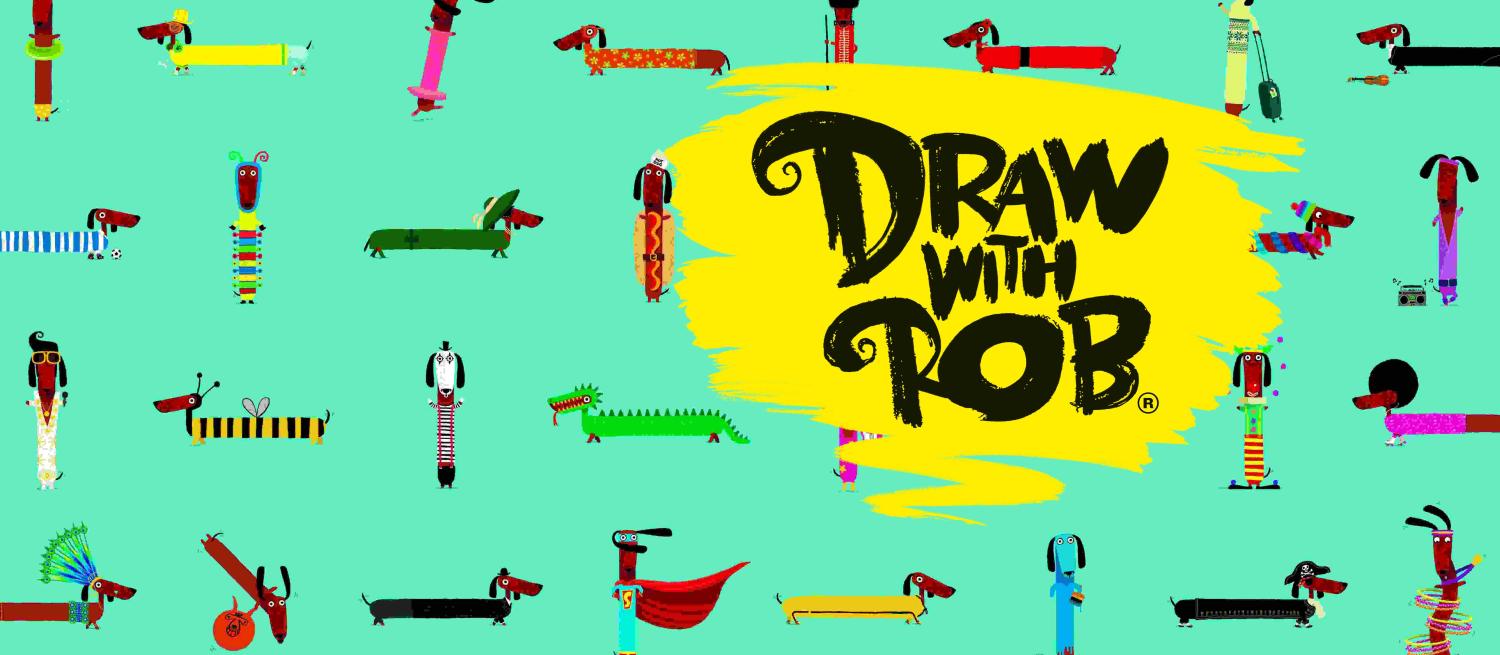 Wallpaper featuring lots of dogs in different outfits with a yellow logo saying Draw With Rob over the top