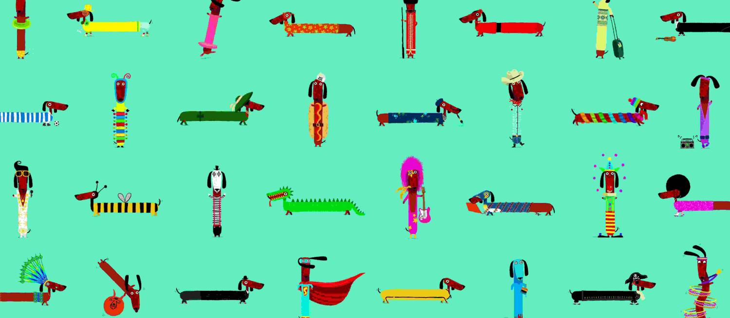 Cartoon dogs wearing different outfits