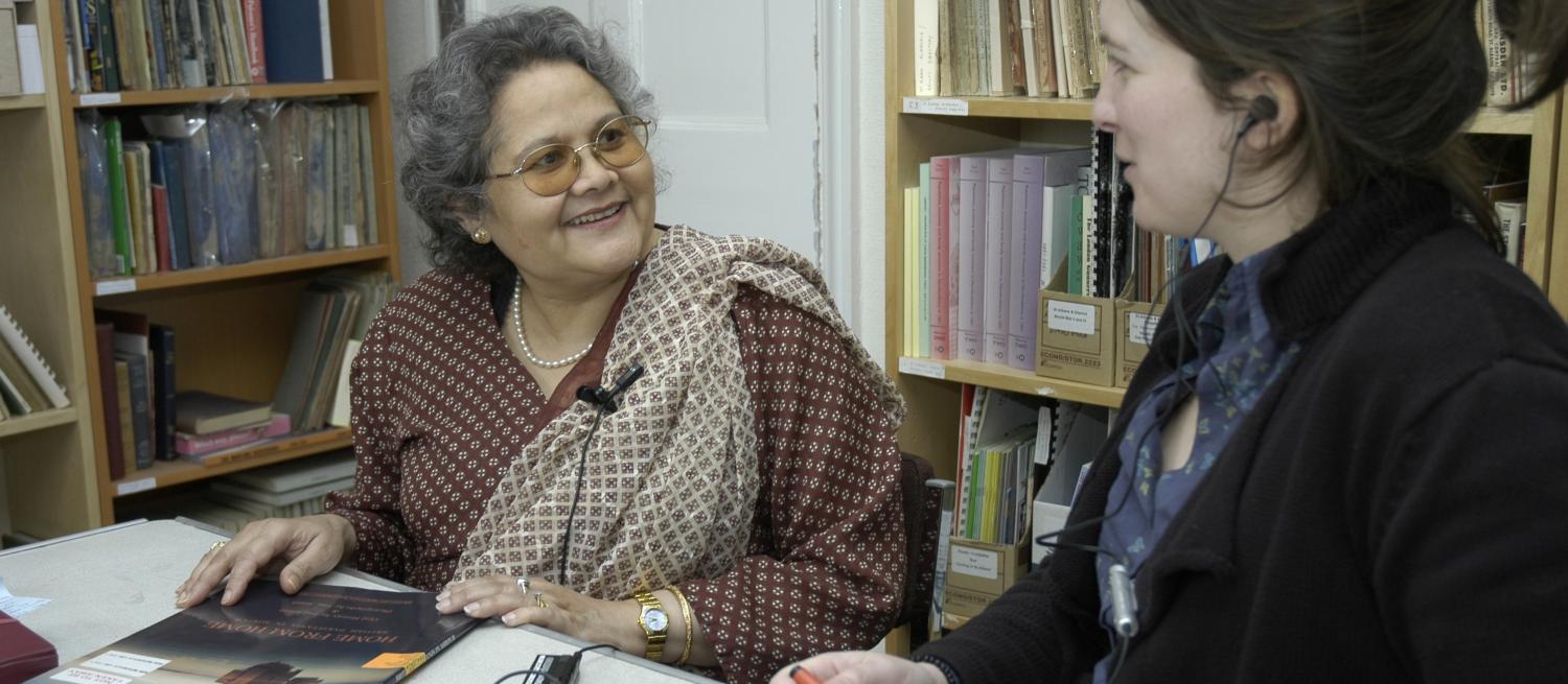 Elanor Cowland interviewing Jyostna Ghosh in the library at the Museum of St Albans.