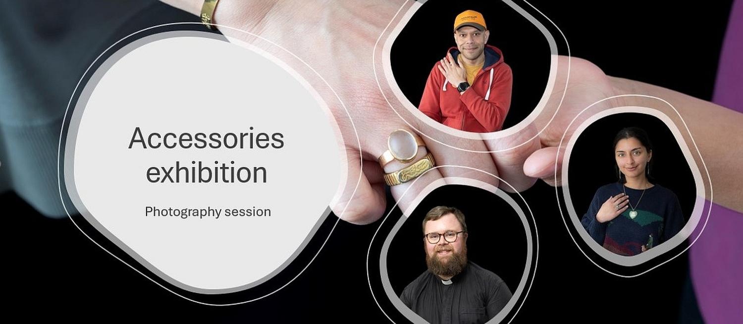 Accessories photography session banner showing three people wearing different accessories