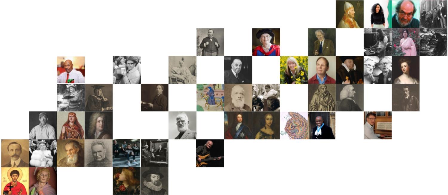 Portrait of St Albans layout in the museum with small images of many people. All images are repeated individually below.