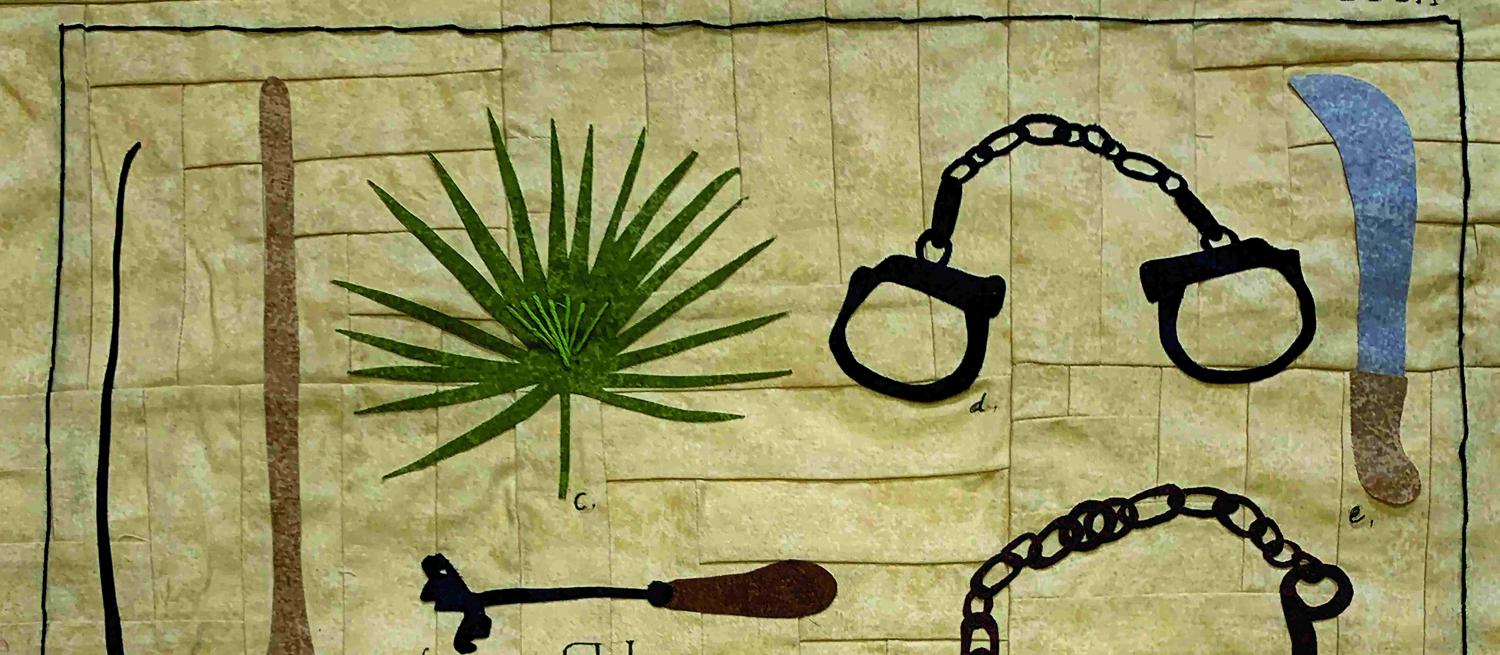 Applique and hand embroidered textile artwork with a quilted background in sepia tones and images of a palm leaf and violent tools of enslavement layered on top