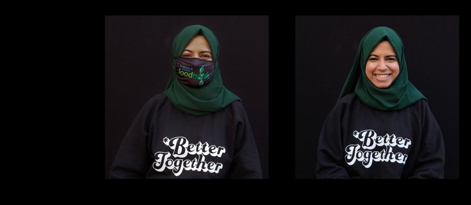 two portraits of a woman wearing a jumper saying Better Together with and without her foodbank facemask