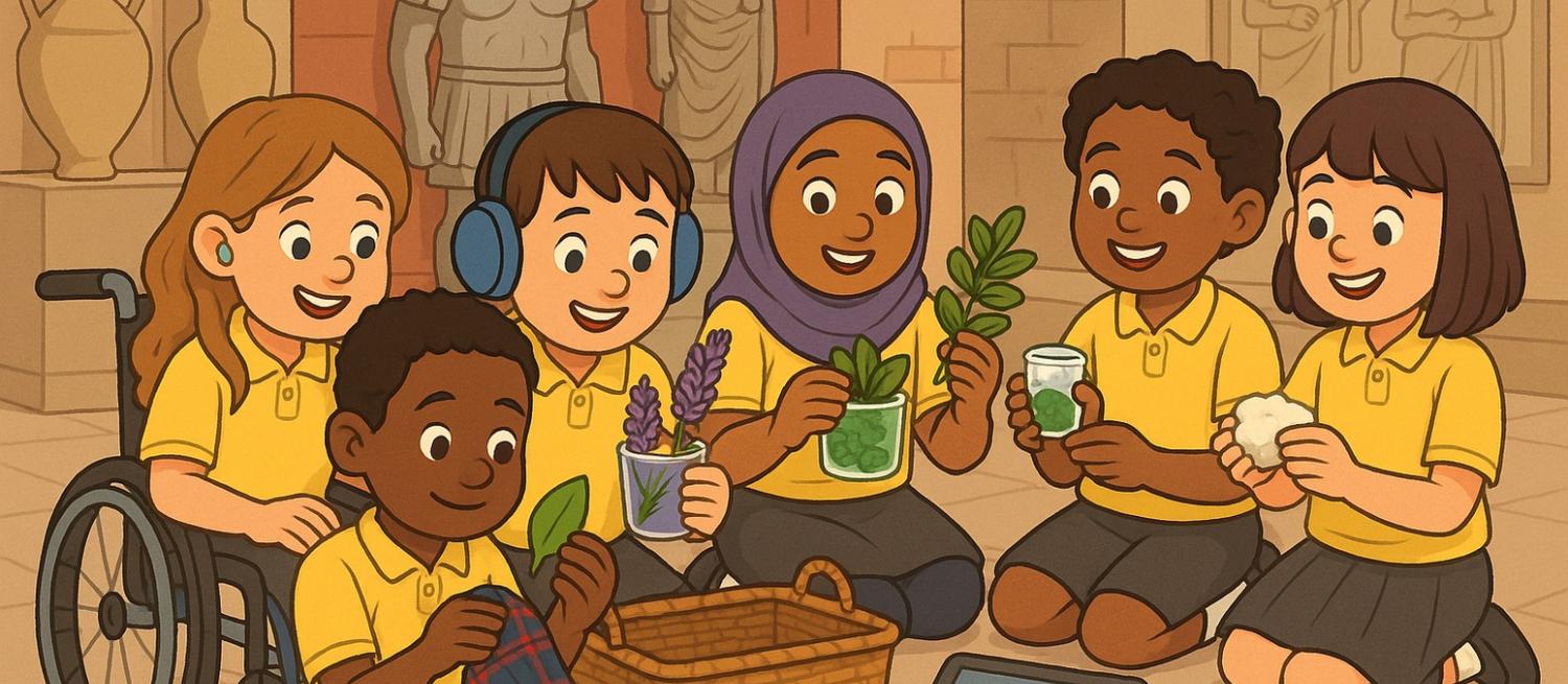 a group of children exploring the sensory basket