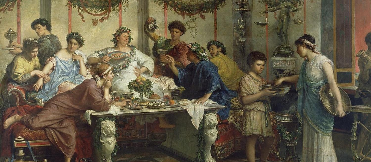 Painting called A Roman Feast by artist Robert Bompiani
