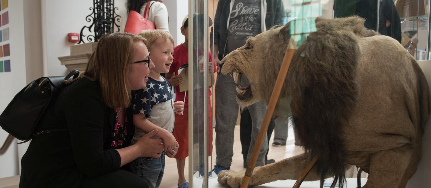 child and mum looking at a lion
