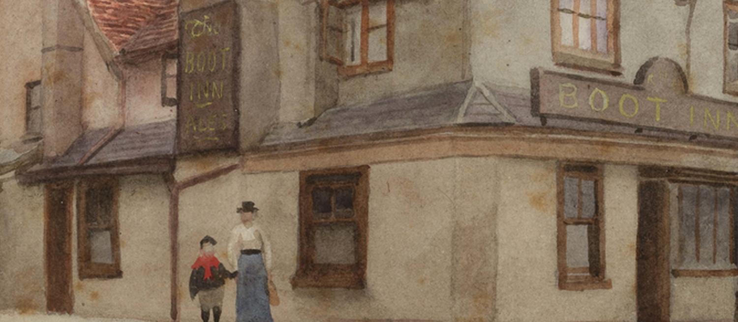 Watercolour by E. A. Phipson of The Boot Inn, late C19th
