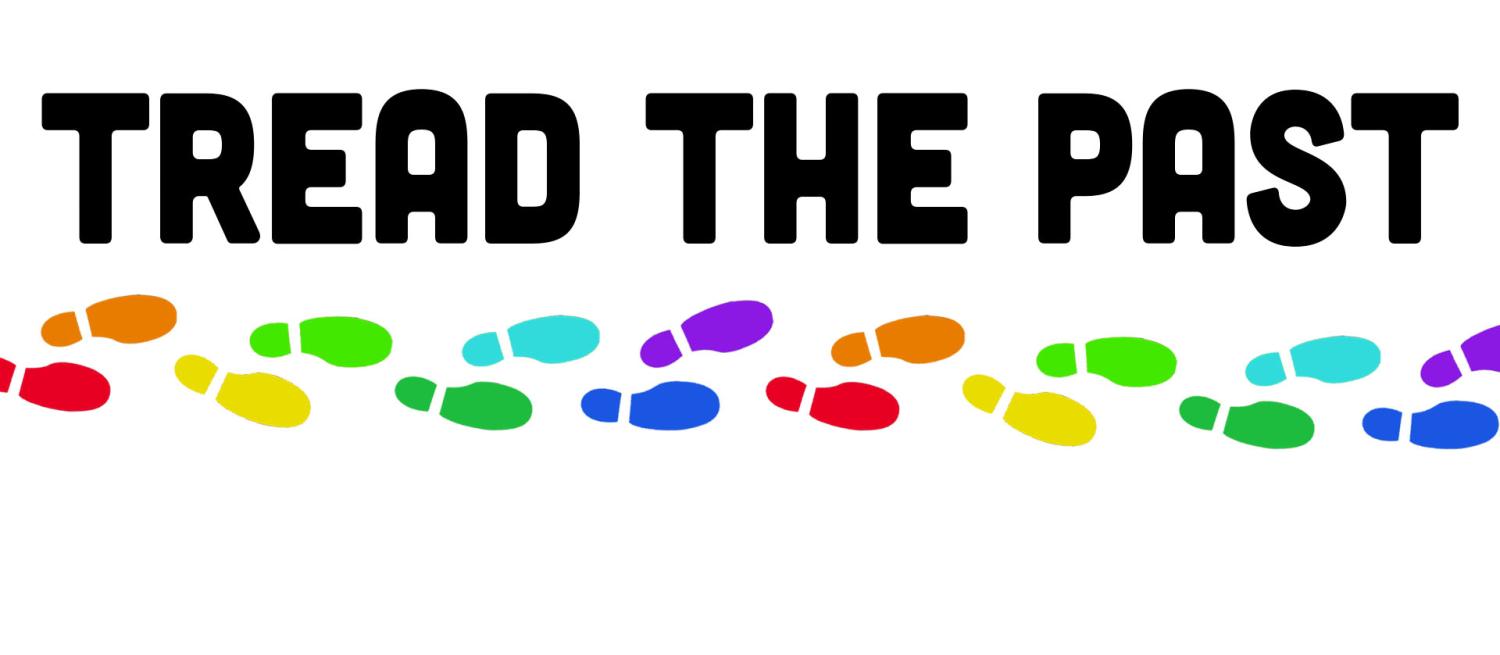 the words "tread the past" with a trail of rainbow shoe prints underneath
