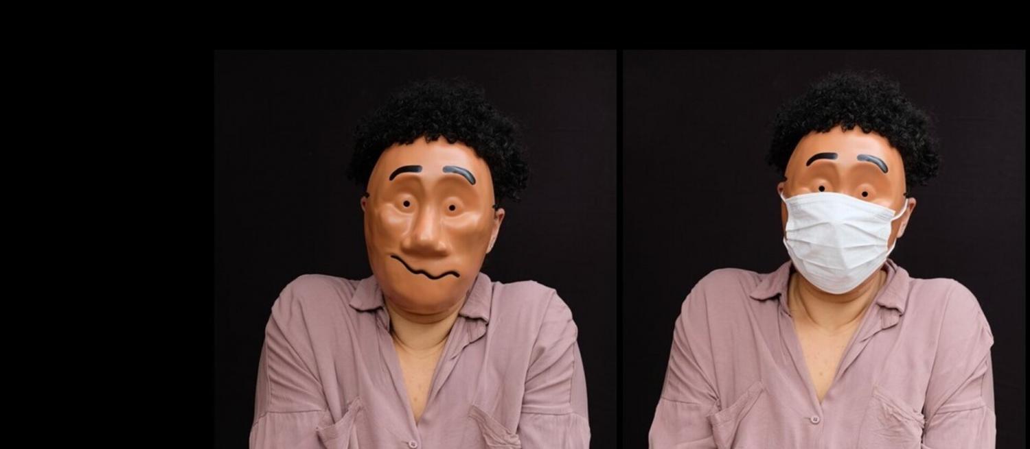 Photo of a woman in a large mask with and without a cloth mask over their face