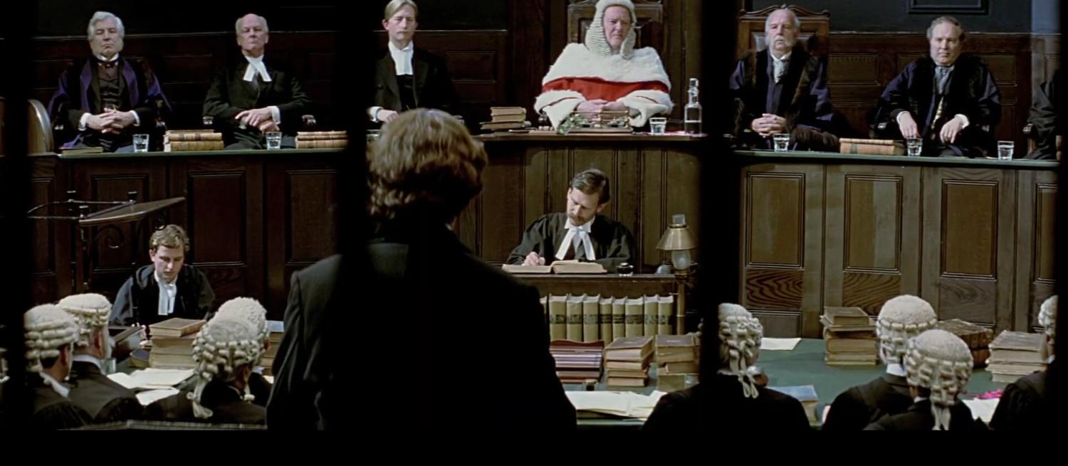 Frame from the film "Wilde" showing the St Albans courtroom