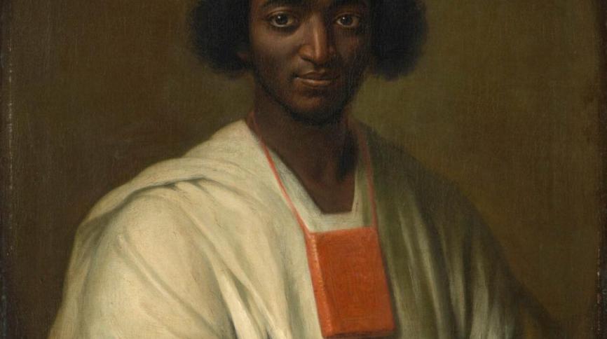 1700s oil painting portrait of a Black man wearing a large cream turban and matching tunic robes with accents of orange