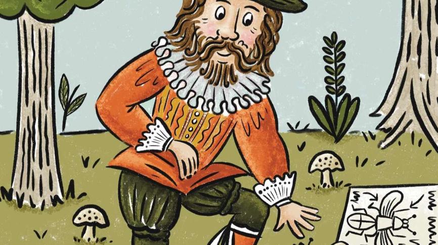 Cartoon of Francis Bacon looking at wildlife