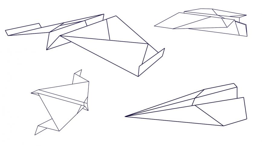 Black and white line drawings of paper planes