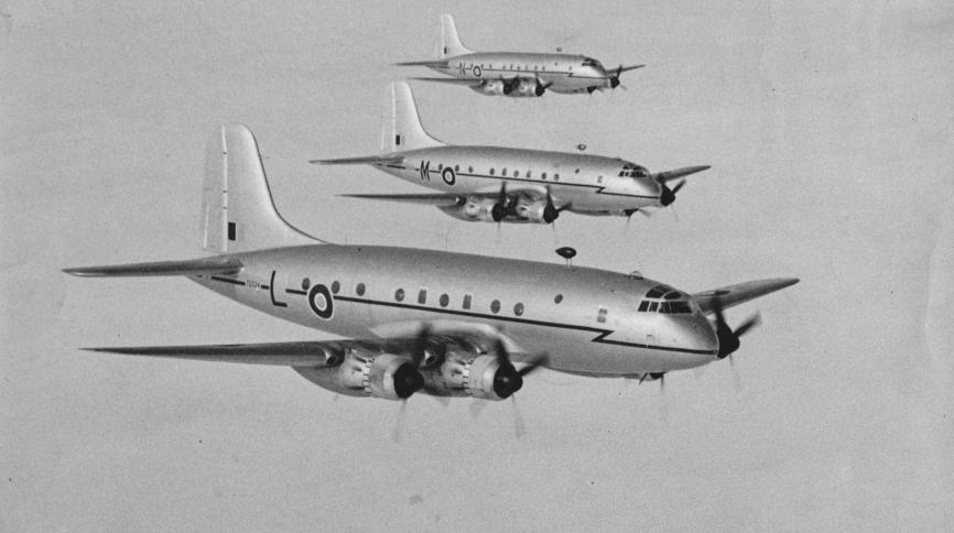Three Hastings aircraft flying in formation during the Berlin Airlift
