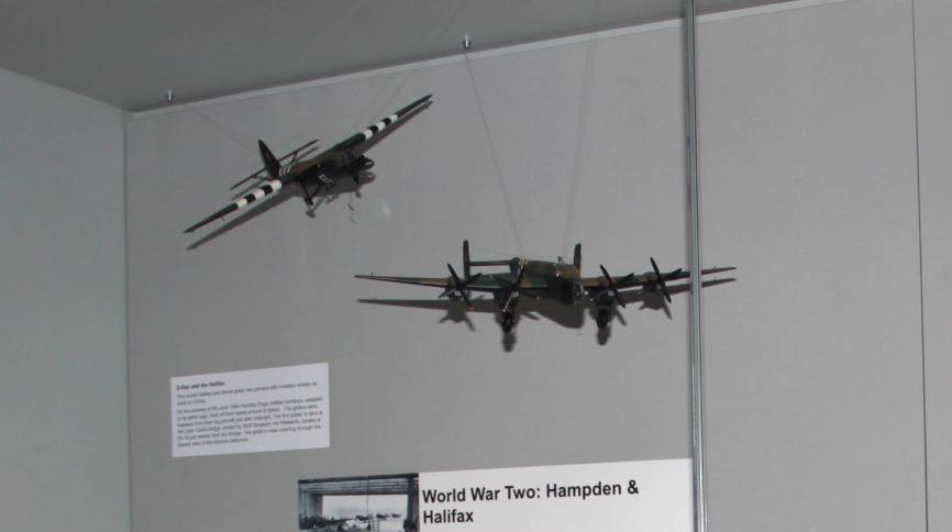 A Halifax aircraft and Horsa Glider models painted in black & white D-Day markings