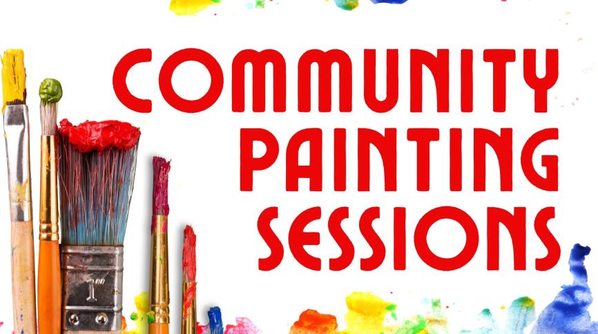 Community Painting Sessions text surrounded by paint brushes and splashes of mulicoloured paint