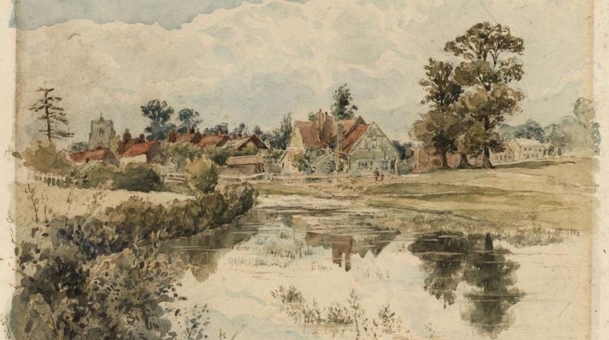 A watercolour with pencil showing Redbourne in 1887 with the river in the foreground