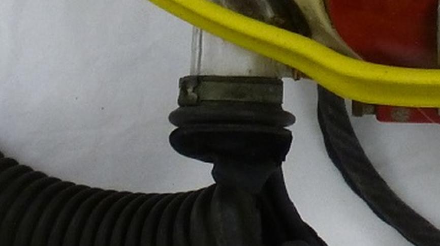 Detail from John Allam's helmet (oxygen supply tube)