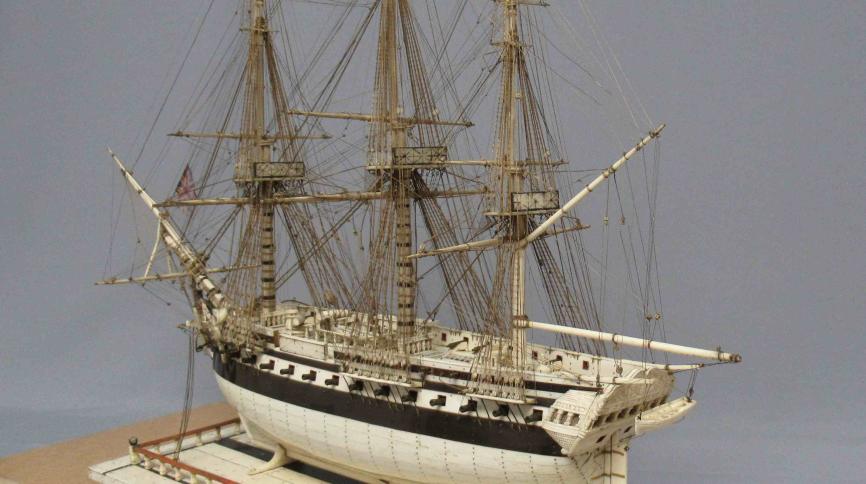 A model of a sailing ship made of animal bone fragments