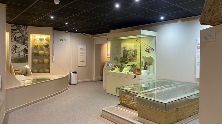 A room with glass display cases and two coffins with glass lids. You can see a row of cremation urns on the back wall.