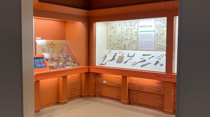 A room with artefacts on display behind glass.