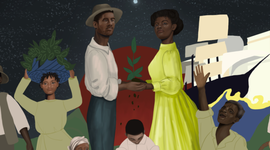 A man and woman stand opposite each other with hands clasped holding a sugar plant. The look out of the picture at us. Behind them the moon shines bright and a Georgina era ship is visible too. They are surrounded by other figures in dramatic poses. 