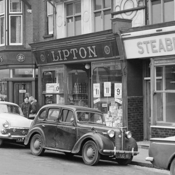 Lavells Barber Shop, Lovibonds Wine Merchants, Lipton, Steabben and Dewhurst Butchers, 1964
