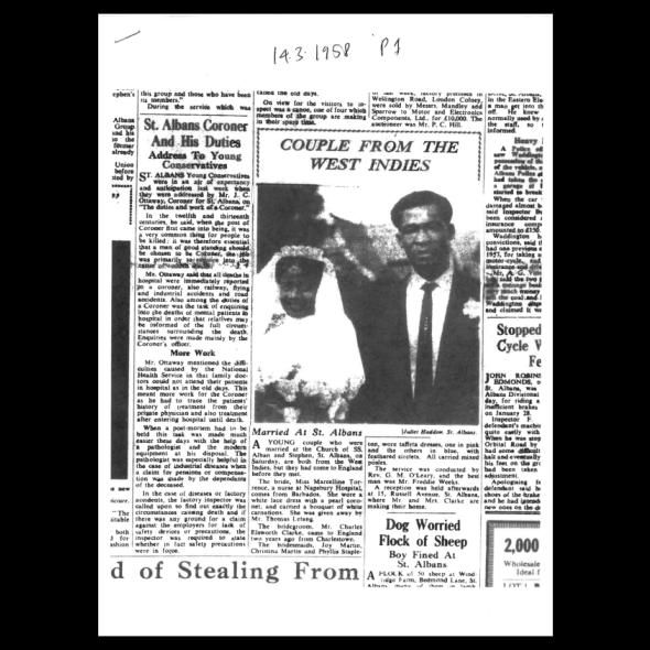 A detail from a 1958 newspaper article with an image of an African Caribbean couple on their wedding day in St Albans. 