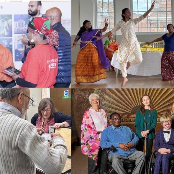 A collage of four photographs showing four different community groups engaged in activities at the museum. A group of people discuss an exhibition, a group of dancers dressed in traditional Indian clothing perform a dance in the Assembly Room, a group of people leaf through records in the archive and a group of co-producers pose for a photograph on the opening night of an exhibition they helped produce.