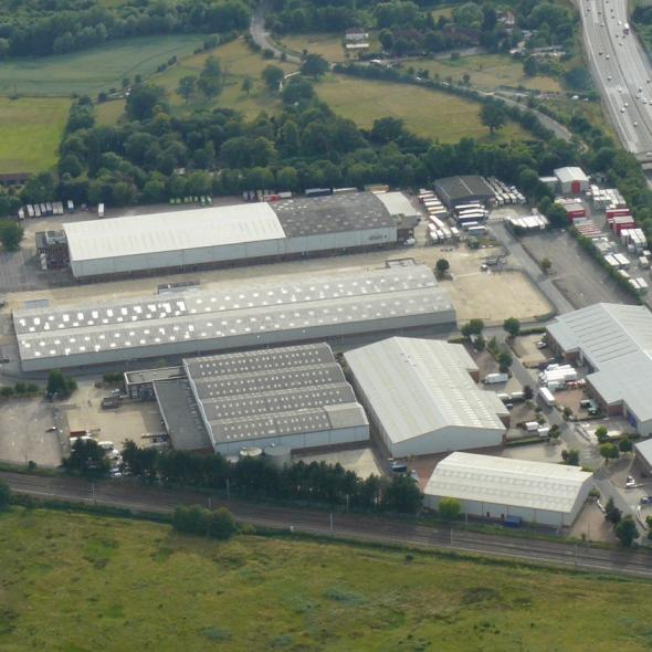Aerial photograph showing the site of the Radlett Aerodrome as it was in June 2018 with warehouses on the site