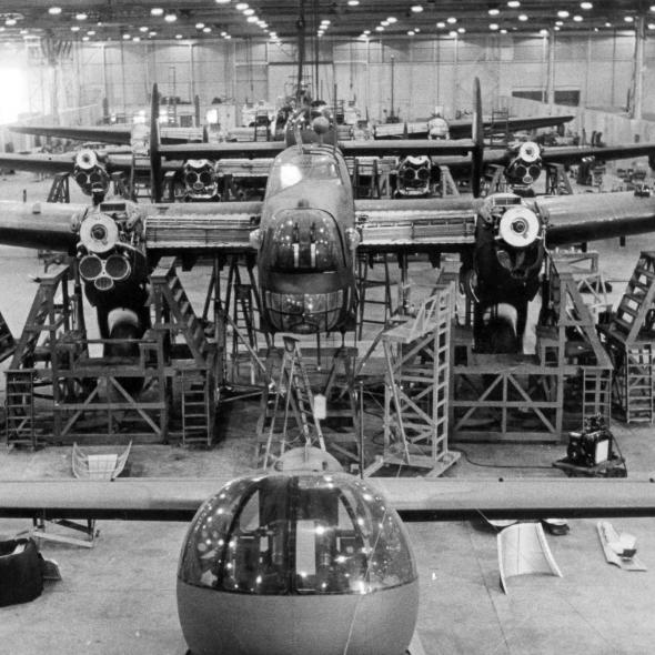 An assembly line of Halifax bombers during the Second World War