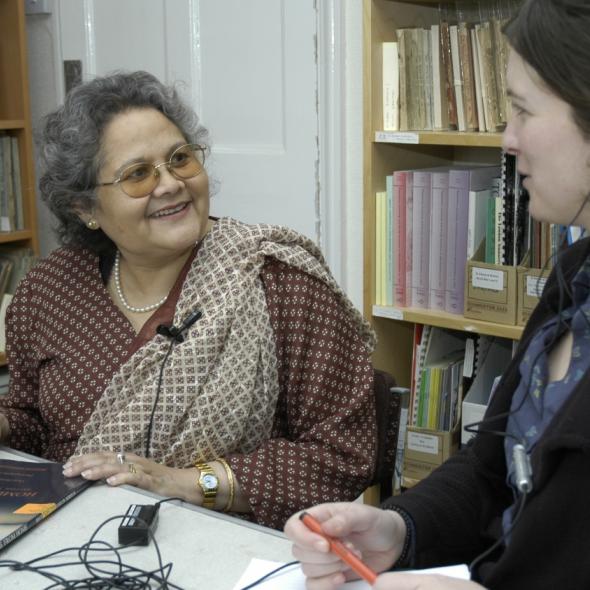 Elanor Cowland interviewing Jyostna Ghosh in the library at the Museum of St Albans.