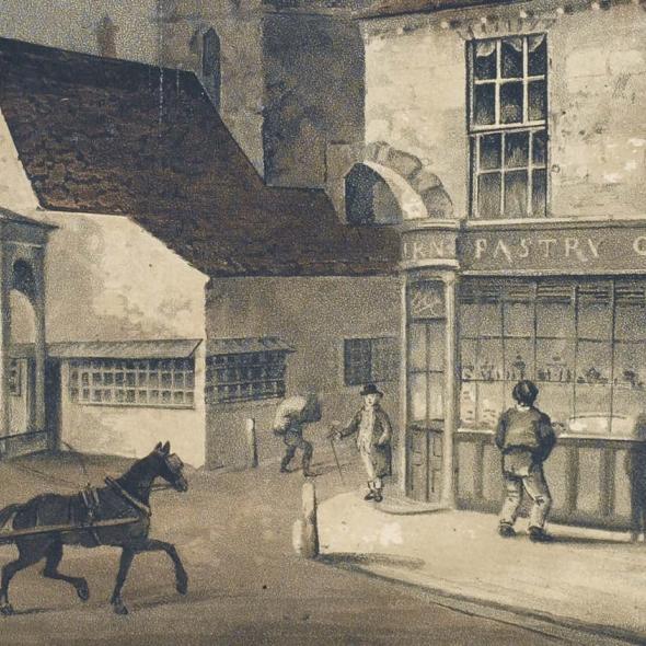 The Market Cross and Clock House showing the semaphore. From an aquatint print , circa 1812