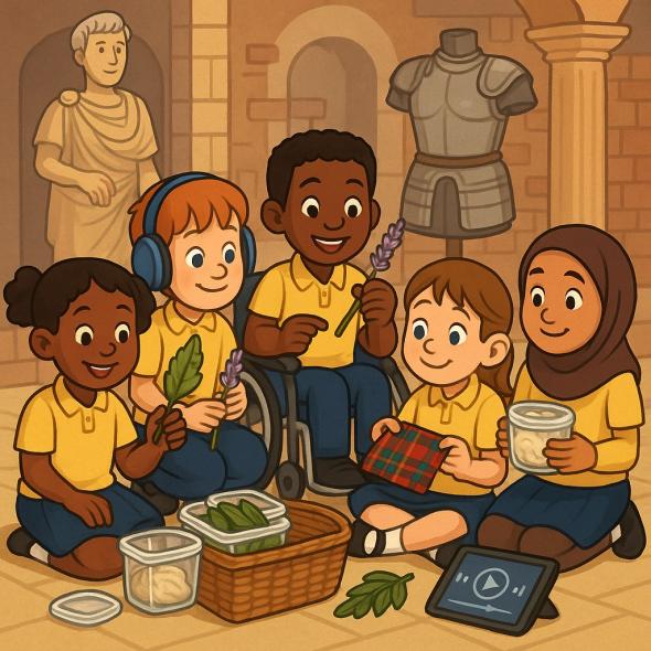A cartoon image showing a group of children exploring the sensory basket