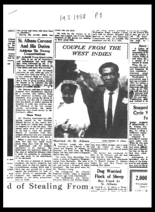 A detail from a 1958 newspaper article with an image of an African Caribbean couple on their wedding day in St Albans. 