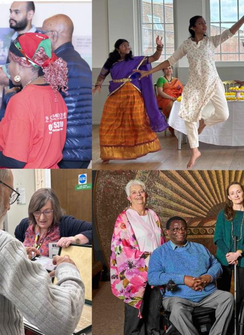 A collage of four photographs showing four different community groups engaged in activities at the museum. A group of people discuss an exhibition, a group of dancers dressed in traditional Indian clothing perform a dance in the Assembly Room, a group of people leaf through records in the archive and a group of co-producers pose for a photograph on the opening night of an exhibition they helped produce.