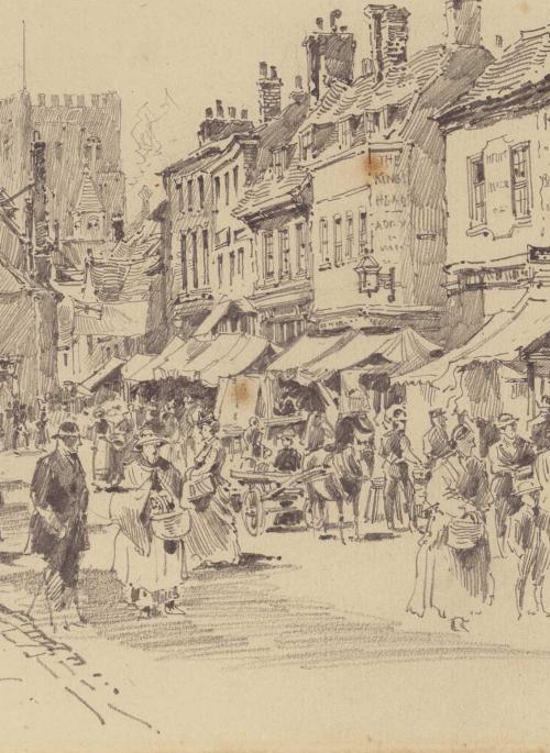 a pencil drawing of Market Place St Albans showing The Gables drawn by Frederick Kitton