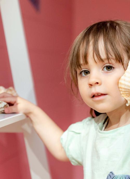 A small child hold a large sea shell up to her ear standiing by a display in St Albans on Sea