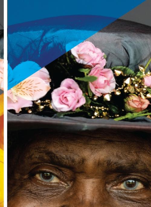 Blue and gold overlay of images of an African Caribbean man and woman and a sepia photograph of women arriving off a plane