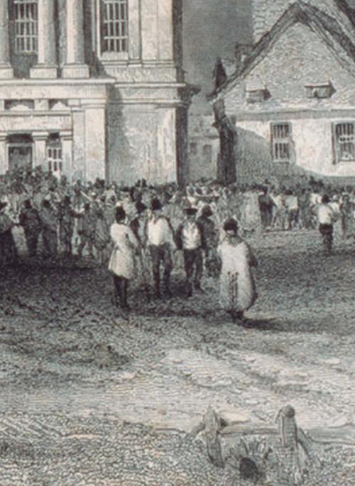 Etching of the Town Hall, possibly during election time c.1835