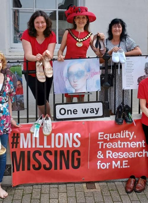 A colour photograph of members of the Herts ME Group standing in front of the railings at the St Albans Museum and Gallery with printed artworks and a banner for the 'Missing Millions' Campaign. 