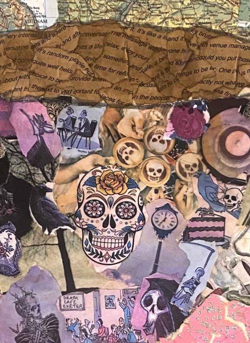 Collage of images making a cup shape with a skull