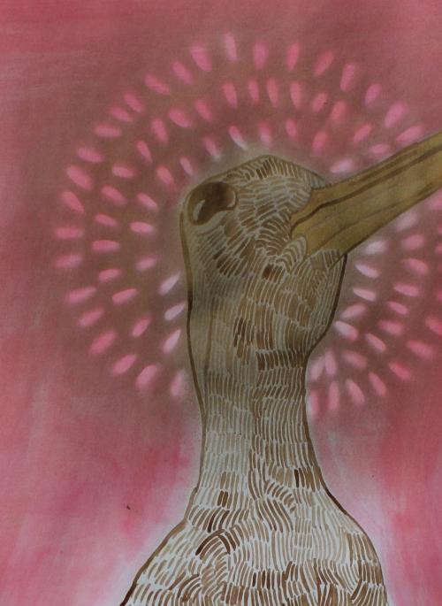 Painting of bird against pink background by Louise LaHive.