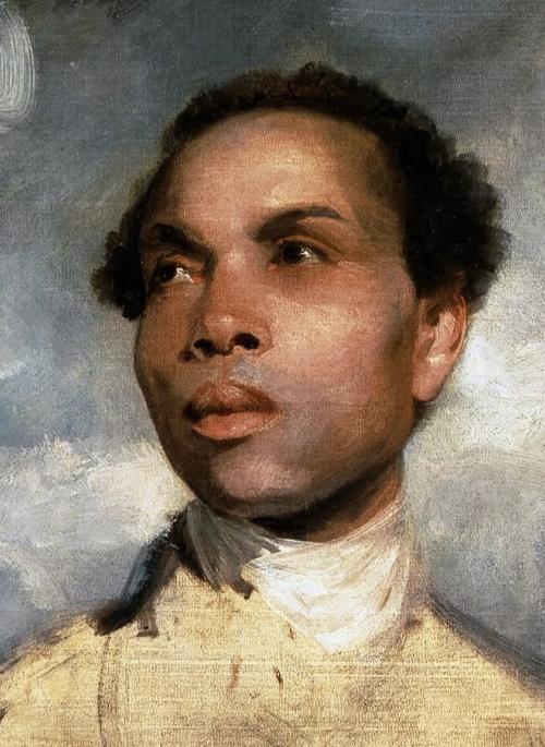 Georgian painting of a Black man likely in his late twenties or early thirties, against a background of swirling grey clouds