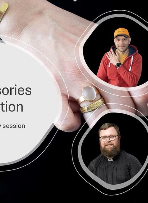 Accessories photography session banner showing three people wearing different accessories