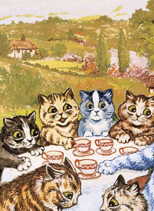 Louis Wain's Tea Party at Napsbury painting showing brightly coloured cats having a tea party on the lawn outside Napsbury House