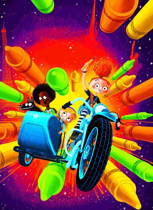 A girl called Peanut Jones sits on a motorbike with her friends with an explosion of crayons behind them. Character by Rob Biddulph