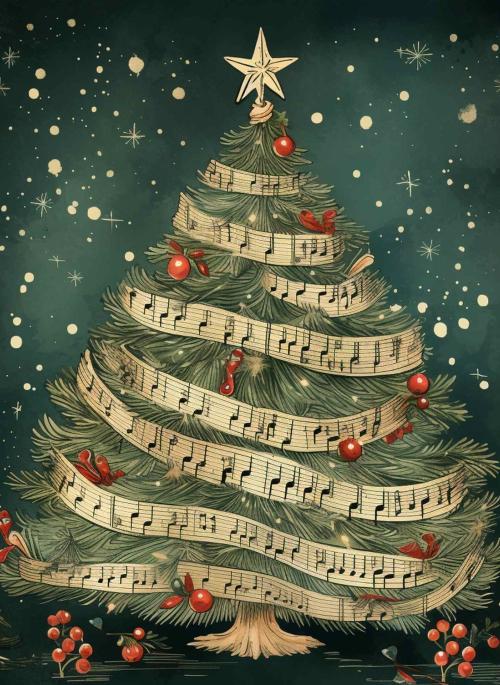 Image of a christmas tree wrapped in sheet music