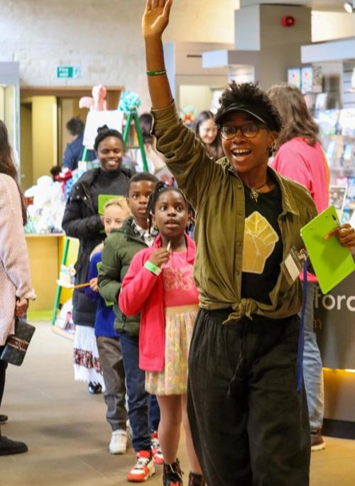 children following leader in a line